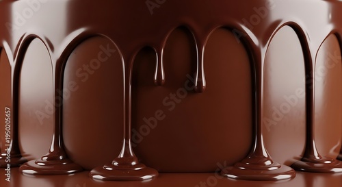 Glossy melted dark substance drips down the side of a confectionary form in close up