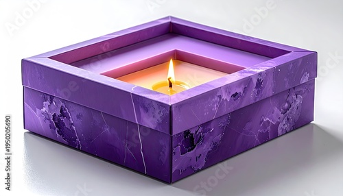 Burning candle placed inside a square purple box with a marbled texture, illuminating a warm glow in a minimalist and elegant still life composition set against a clean white background.