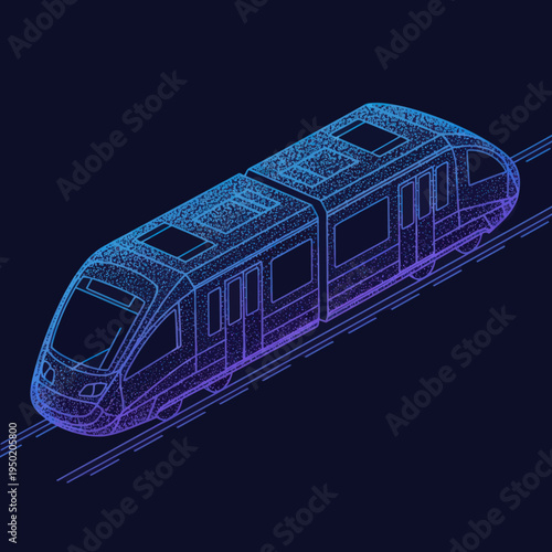 Blue Wireframe Train on Tracks Illustration.