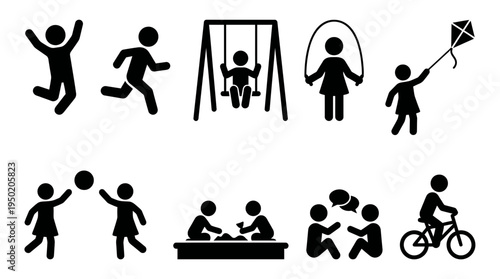 set of kids activity icons depicting children playing jump rope jumping running cycling and playing with kites, concept for childhood education and recreational playground design