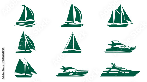 Set of green silhouette icons showing various sailing ships and luxury motor yachts, concept for marine industry branding and nautical travel tourism promotion