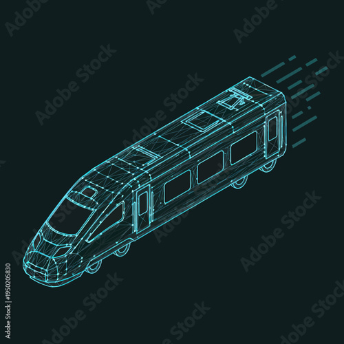 3D Wireframe Model of Modern Train Design.