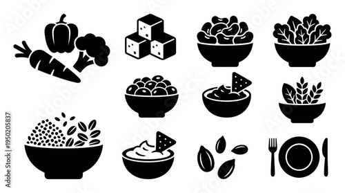 Set of black silhouette vegan food icons including fresh vegetables tofu beans and salad bowls, concept for healthy diet menu design and organic restaurant branding