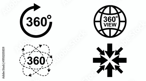 Set of black 360 degree rotation, spherical view and multidirectional arrows symbols on white background, concept for user interface navigation and immersive virtual reality technology experience