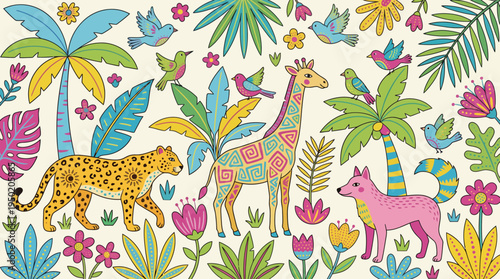 Colorful hand-drawn jungle pattern with stylized leopard, giraffe and tropical birds, concept for nursery wallpaper design and children textile print