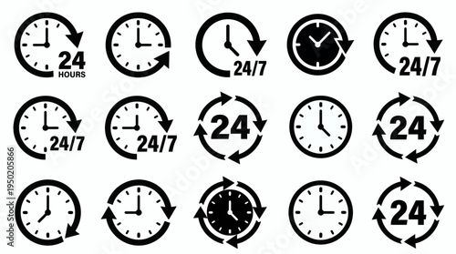 Set of black and white clock icons with 24 hours and 24-7 symbols on white background, concept for customer service support and business management efficiency
