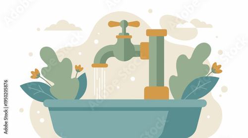 flat illustration of water tap pouring into sink with decorative leaves and flowers, concept for environmental sustainability and water conservation awareness