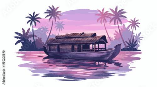 Kerala traditional houseboat floating on calm backwaters with lush palm trees under sunset sky, concept for tourism advertisement and travel promotion