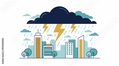 Flat illustration of urban city skyline under heavy storm clouds with lightning bolts and rain, concept for weather forecast presentation and climate change awareness