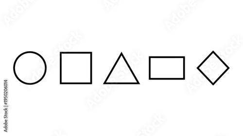 Five geometric shapes in a row—circle, square, triangle, rectangle, and diamond—representing basic geometry, symmetry, and mathematical foundations in a clean minimalist design.