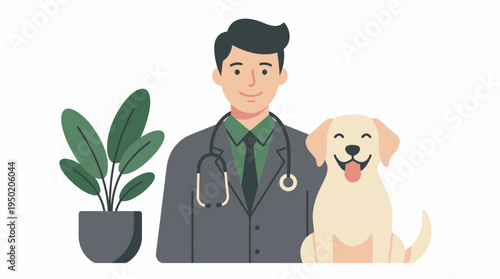 Professional veterinarian wearing suit with stethoscope standing beside happy golden retriever dog and indoor house plant, concept for veterinary clinic marketing and pet healthcare services