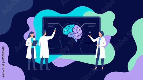 Medical researchers and neurologists pointing at digital brain anatomy diagram on board, concept for healthcare education and neuroscience research