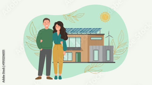 Happy young couple standing in front of modern eco friendly house with solar panels, concept for renewable energy promotion and sustainable living lifestyle advertisement