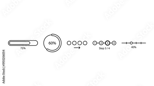 Set of five progress indicators including bar, circle, dots, steps, and slider, symbolizing loading, completion, and user interface feedback in modern digital applications.