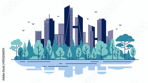 Modern city skyline silhouette with skyscrapers and lush forest trees reflecting in water, concept for sustainable urban planning and eco friendly architectural design