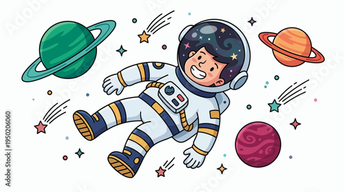 Happy cute astronaut character floating in outer space surrounded by colorful planets and stars, concept for kids education design and science fiction illustration