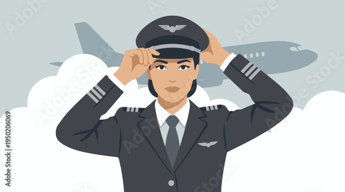Female airplane pilot in uniform adjusting her cap against sky and aircraft background, concept for aviation career advertisement and professional airline recruitment