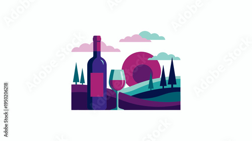 flat illustration of red wine bottle and glass with purple sunset landscape background, concept for wine bar promotion and vineyard branding