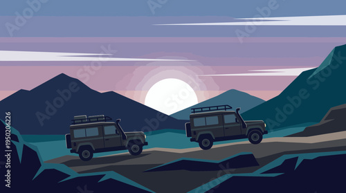 flat vector illustration of two off-road suv vehicles driving through rocky mountain terrain at sunrise, concept for outdoor adventure travel marketing and extreme expedition tourism promotion