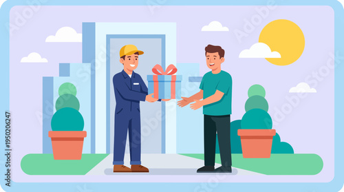 Delivery courier man in uniform giving a gift box to a happy customer outdoors, concept for logistics service delivery and e-commerce customer satisfaction