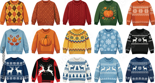 Ugly Christmas sweater collection, colorful knitted winter holiday sweaters with festive patterns snowflakes reindeer pumpkins vector illustration setUgly Christmas sweater collection, colorful knitte