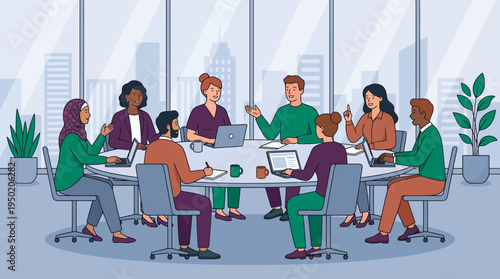 Diverse marketing managers and creative business analysts collaborating in modern office boardroom meeting, concept for team cooperation and corporate project management