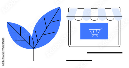 Sustainability, e-commerce, green initiatives, digital marketplaces, shopping online, eco-awareness. A vivid leaf next to a digital storefront with a shopping cart. Sustainability and e-commerce