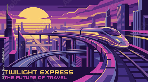 Modern high speed bullet train moving on elevated railway through futuristic neon city at sunset, concept for sustainable urban transportation and efficient smart city infrastructure
