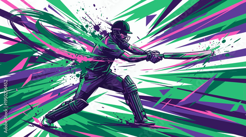 Dynamic artistic illustration of a professional cricket batsman hitting a powerful shot with vibrant abstract ink splashes and geometric lines, concept for sports editorial design and energy marketing