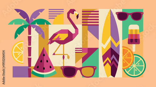 flat geometric summer vacation illustration with flamingo palm tree surfboard watermelon and sunglasses, concept for travel poster design and beach holiday advertising