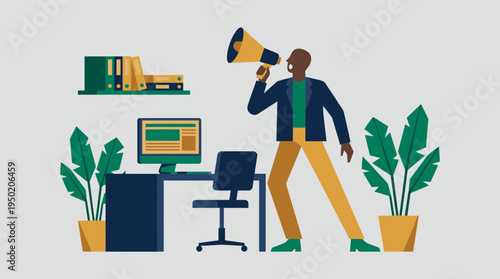 flat illustration of marketing manager shouting into megaphone in modern office workspace, concept for corporate announcement and business communication