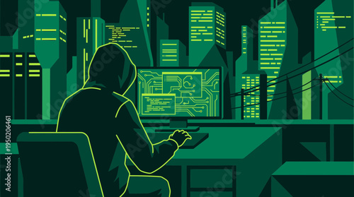 hooded software developer coding on computer with digital circuit interface in futuristic smart city, concept for cybersecurity protection and information technology infrastructure