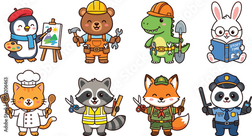 Cute animal profession characters collection, cartoon animals with different jobs including painter builder police chef ranger teacher vector illustration set
