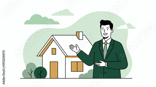 Professional male real estate agent presenting a new suburban house design with green scenery, concept for property marketing and residential investment strategy