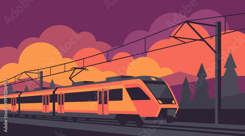 Modern commuter train moving on railway tracks against scenic sunset clouds and evergreen trees, concept for sustainable public transportation and efficient urban travel