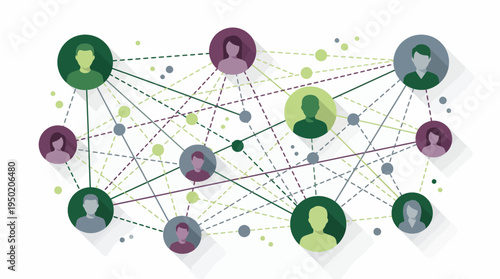 flat infographic of human avatars linked by lines representing diverse project managers and corporate executives, concept for social networking and global business communication