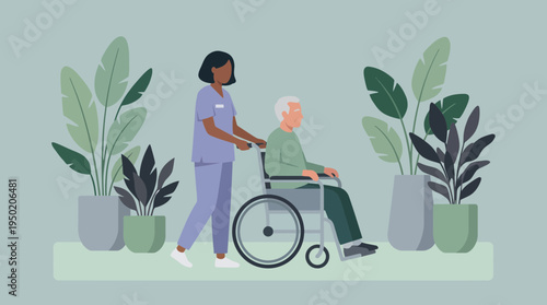 Professional nurse pushing senior man in wheelchair inside medical clinic with potted plants, concept for healthcare assistance and elderly care support