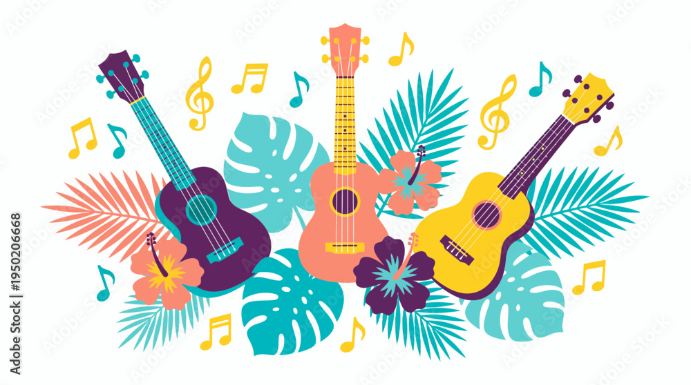 Naklejka premium flat illustration of three colorful ukuleles with tropical hibiscus flowers and palm leaves, concept for summer music festival background and hawaiian party design