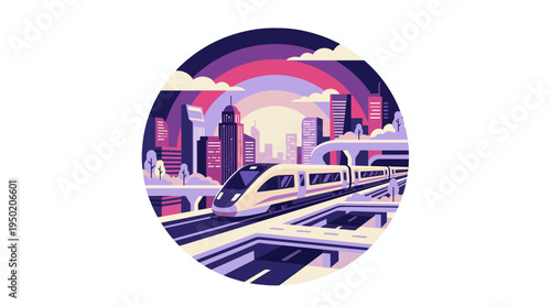 Modern high speed train moving through city skyline in circle frame, concept for urban transportation infrastructure and sustainable commuter travel solutions
