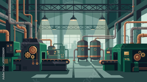 Modern industrial manufacturing plant interior with heavy machinery conveyors and pipes in green and metallic colors, concept for industrial automation presentation and factory facility engineering