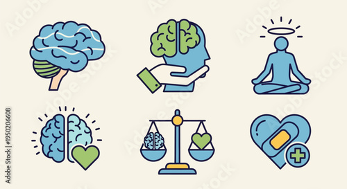 Mental health and wellness icons set.