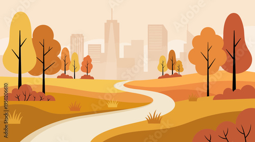 Flat vector illustration of a city skyline view with a winding path through an autumn forest landscape, concept for urban planning presentation and seasonal environment marketing