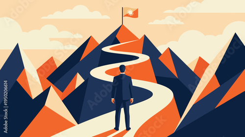 Professional executive standing on a winding path leading to a mountain peak with a flag, concept for business success and career development