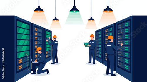 flat illustration of network engineers repairing server racks in data center room, concept for cloud computing infrastructure development and digital information security management