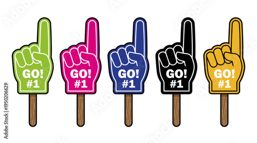 Set of five colorful foam finger hands with number one gesture and go sign, concept for sports fan cheerleading and business team victory celebration
