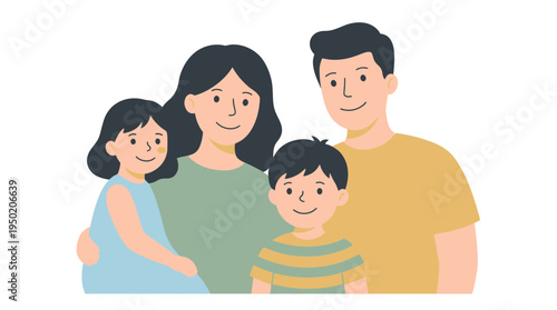 Happy young parents with little daughter and son portrait in flat illustration style, concept for family bonding presentation and childhood education