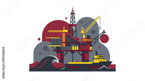 Flat vector illustration of offshore oil drilling platform with ship on sea waves, concept for energy industry infrastructure and petroleum exploration project