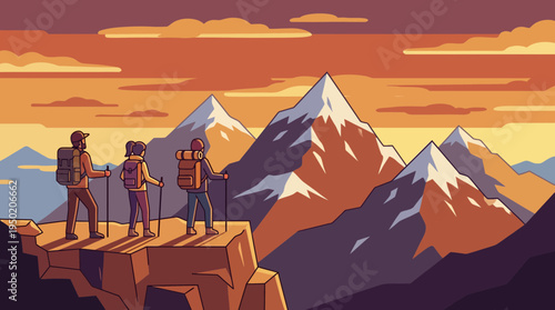 flat vector illustration of hikers with backpacks and trekking poles standing on a mountain peak observing the sunset, concept for travel advertisement and adventure lifestyle promotion