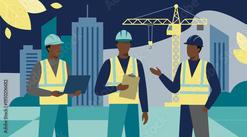 Three diverse civil engineers in safety vests and hardhats standing at urban building site with construction crane, concept for infrastructure development and industrial project management