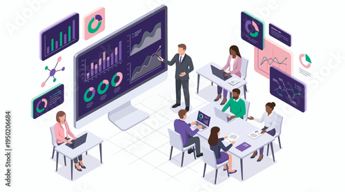 Isometric illustration of project manager presenting data analytics to office workers in modern meeting room, concept for business strategy development and corporate training presentations